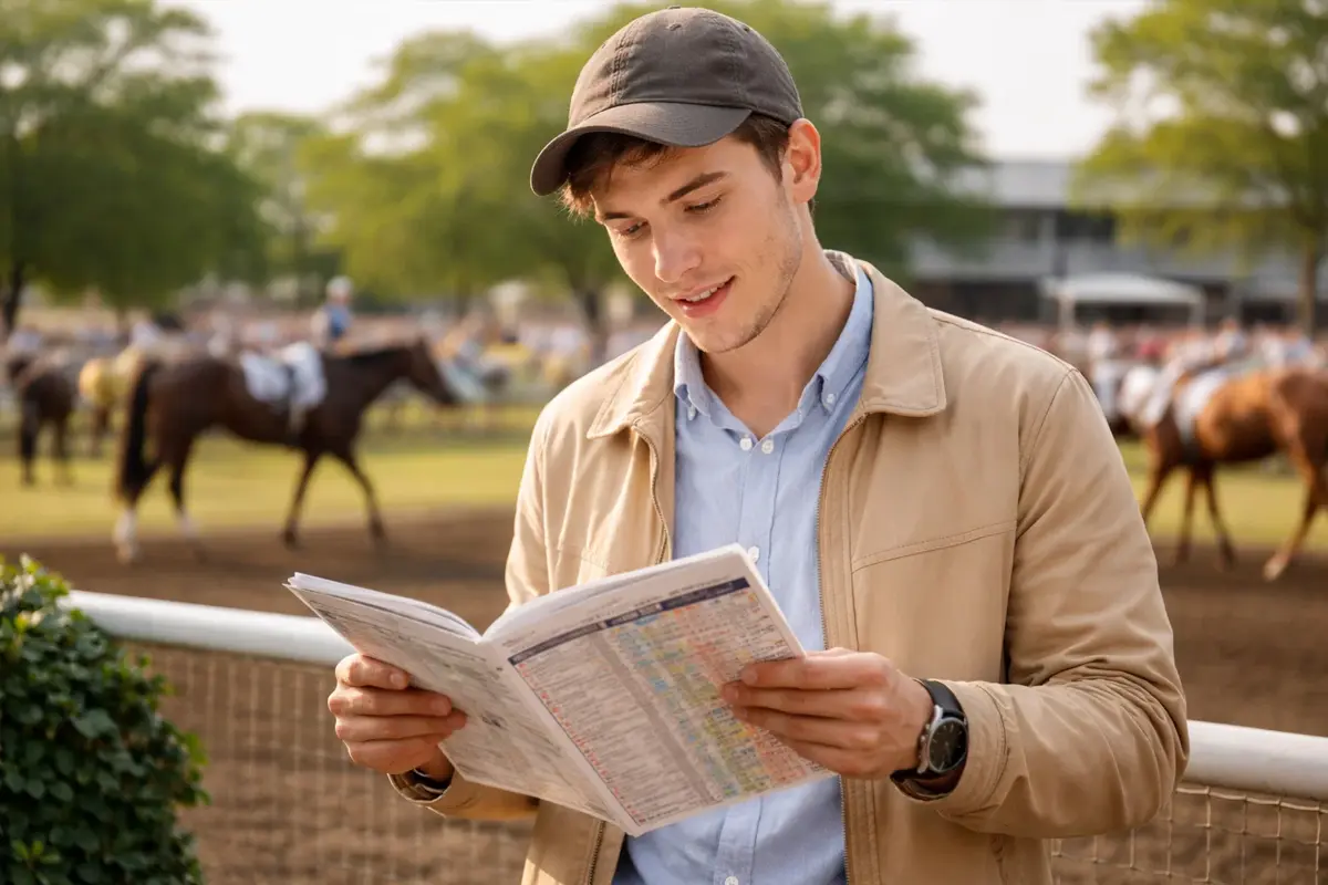 Anf&auml;nger studiert Rennprogramm an der Rennbahn