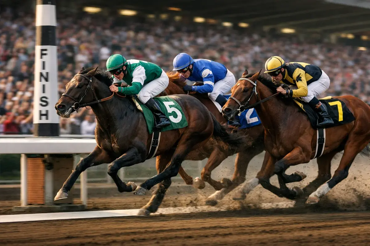 Drei Pferde überqueren die Ziellinie in enger Reihenfolge