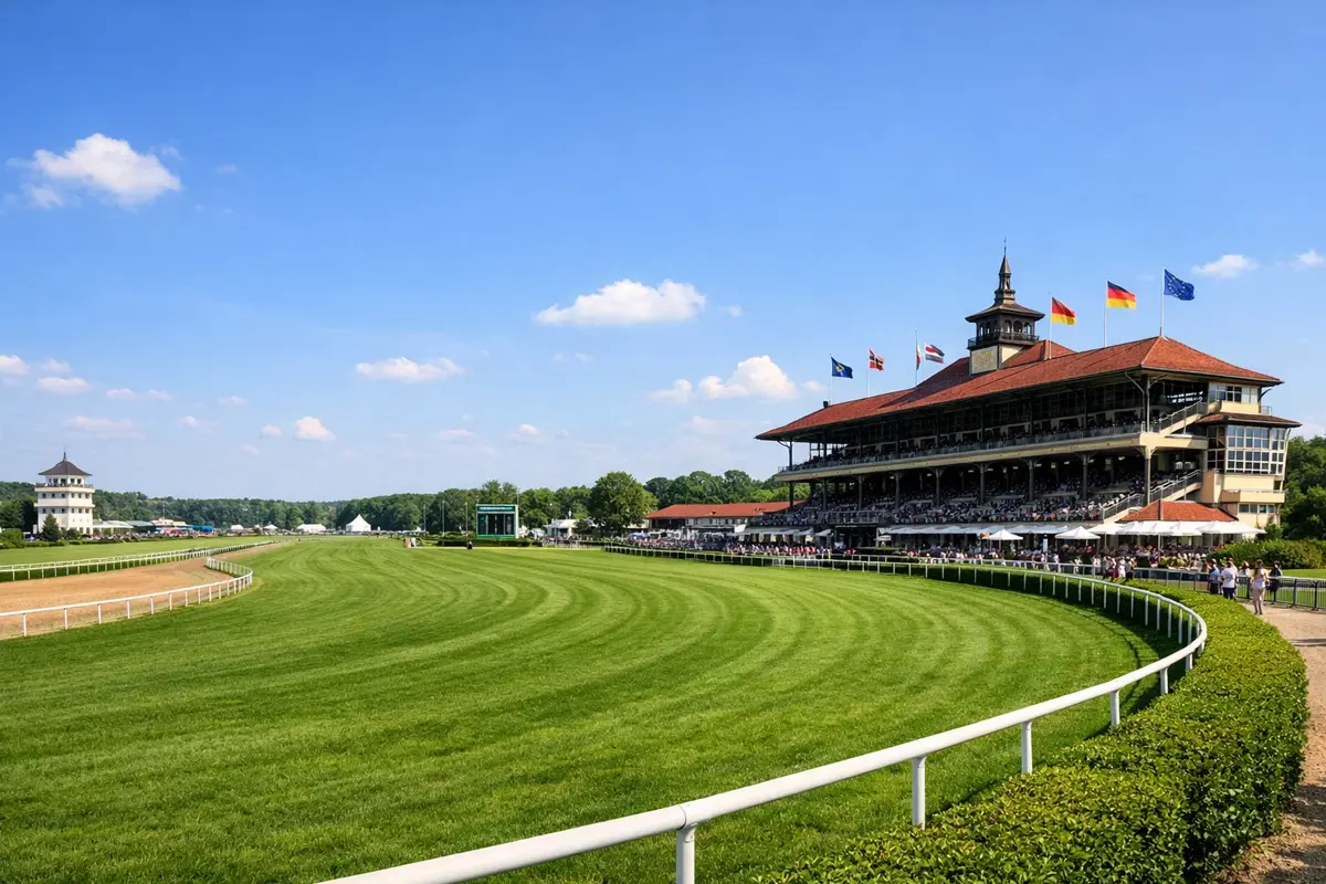 Panorama einer deutschen Galopprennbahn mit Tribüne