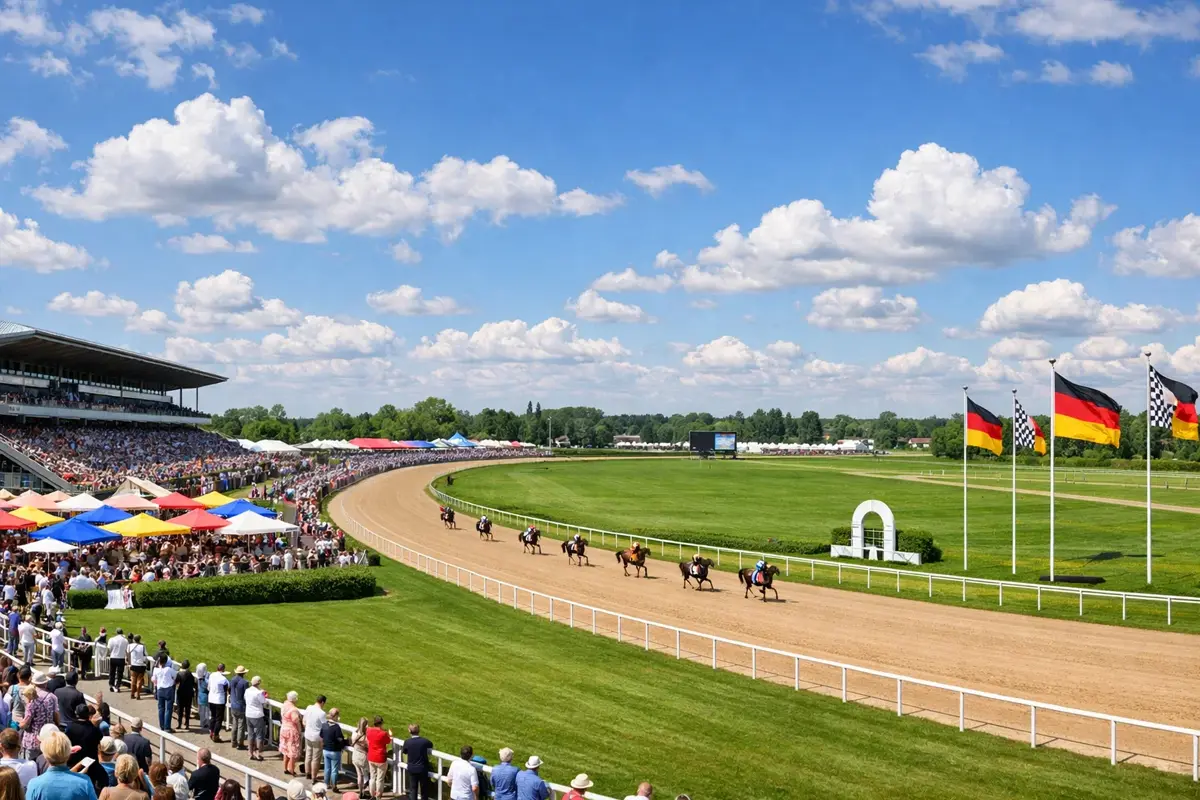 Panorama einer modernen deutschen Rennbahn während eines Renntages