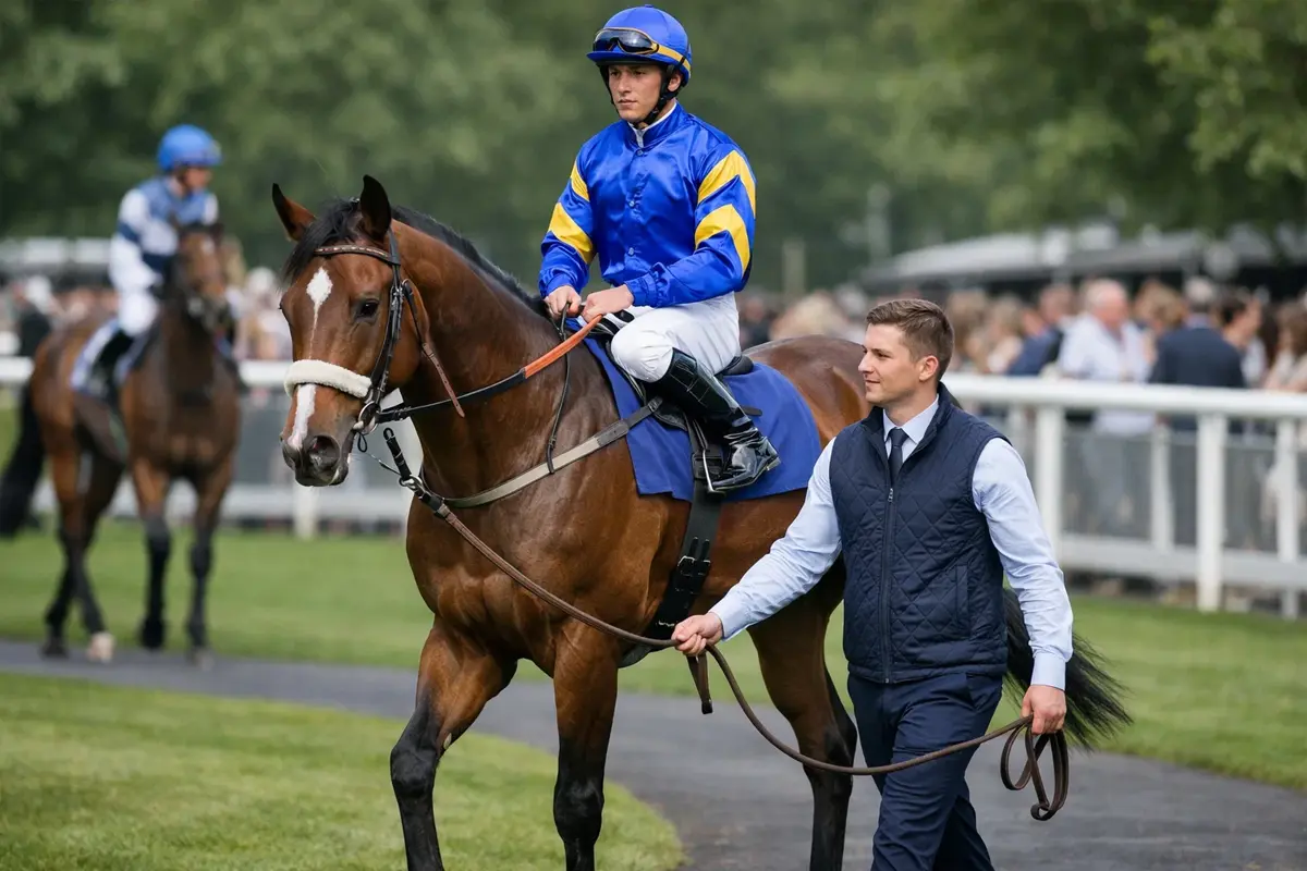 Jockey auf einem Rennpferd im Führring vor dem Rennen