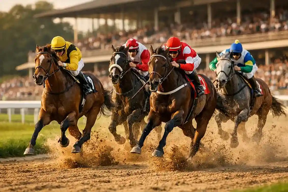 Galopprennpferde auf der Zielgeraden einer deutschen Rennbahn
