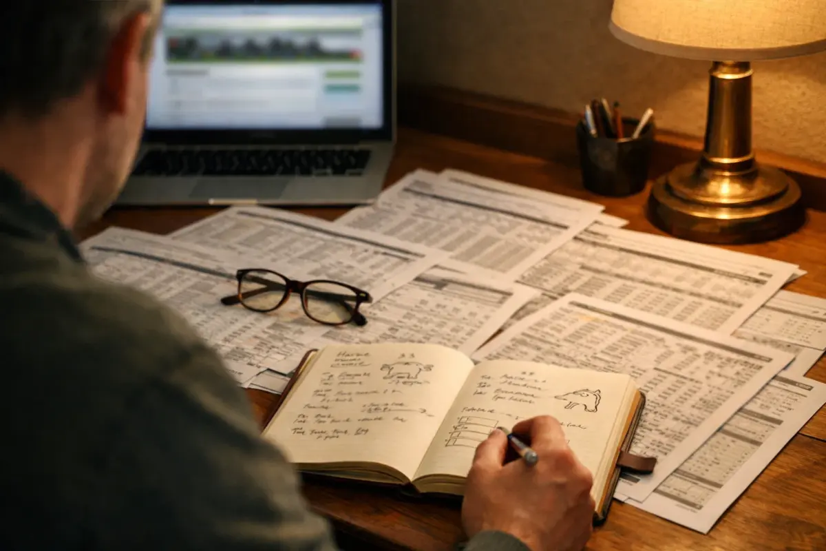 Wettenthusiast studiert Rennstatistiken und Formblätter am Schreibtisch