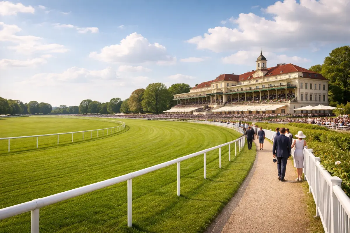 Historische deutsche Galopprennbahn mit eleganter Tribüne und Zuschauern