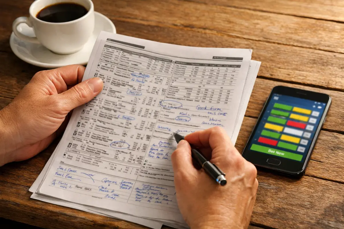 Person analysiert ein Rennprogramm mit Stift und Notizen