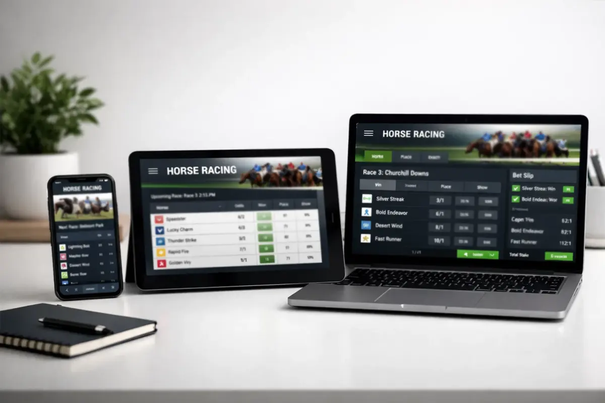 Verschiedene Ger&auml;te zeigen Pferdewetten-Plattformen