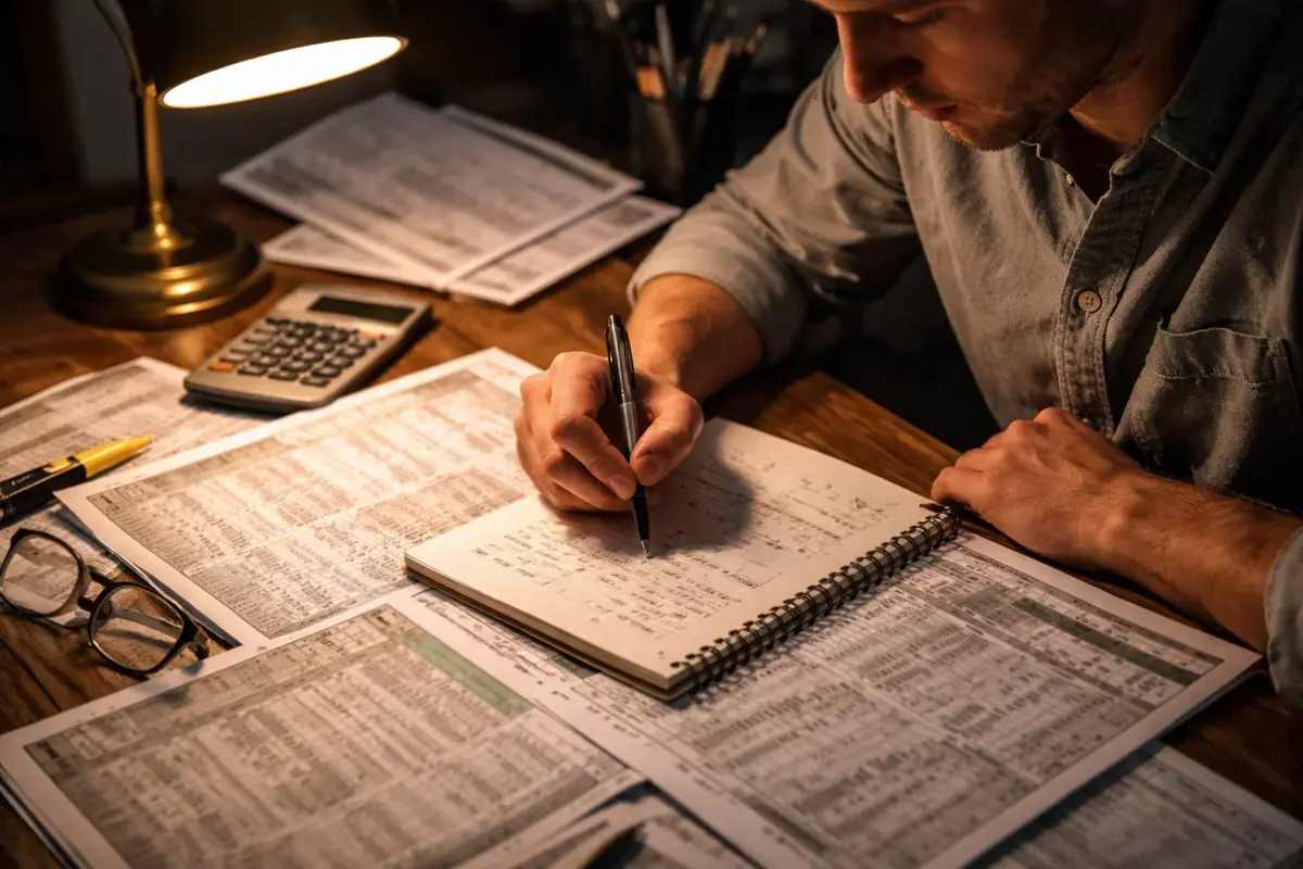 Person berechnet Wettchancen mit Notizen